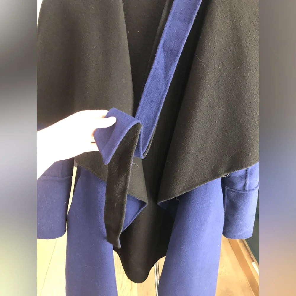 DIANE VON FURSTENBERG Women’s Blue / Black Jenna Belted Reversible Wool Coat (S) - Picture 6 of 6